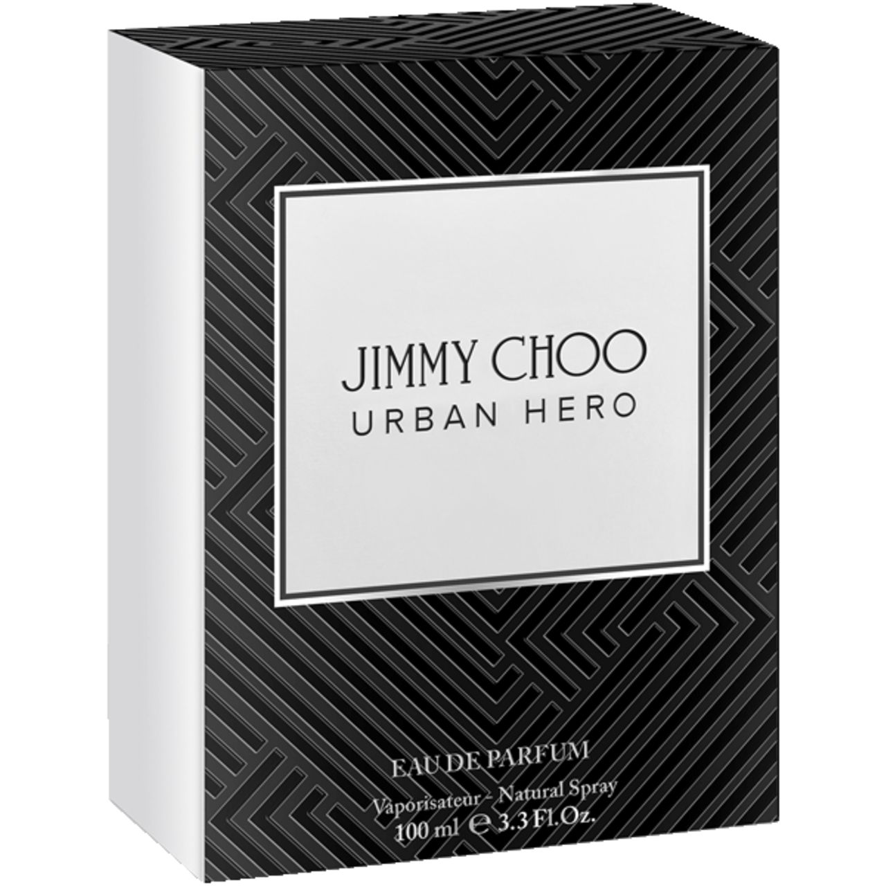Zwarte doos met witte lijst en tekst. Opschrift: JIMMY CHOO URBAN HERO. Eau de Parfum. 100 ml.