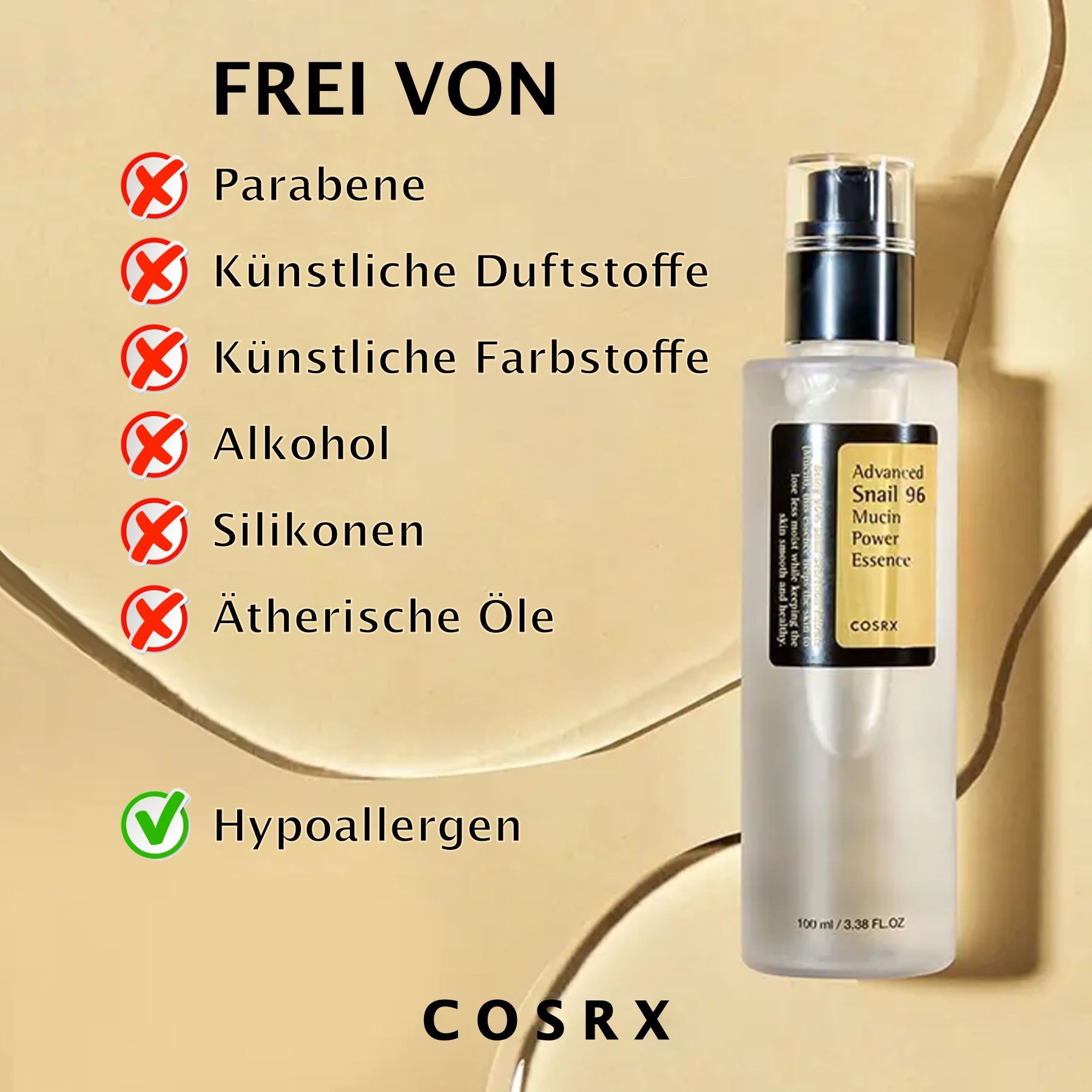 Serumfles met tekst: Vrij van parabenen, kunstmatige geurstoffen, kleurstoffen, alcohol, siliconen, etherische oliën. Hypoallergeen. COSRX.