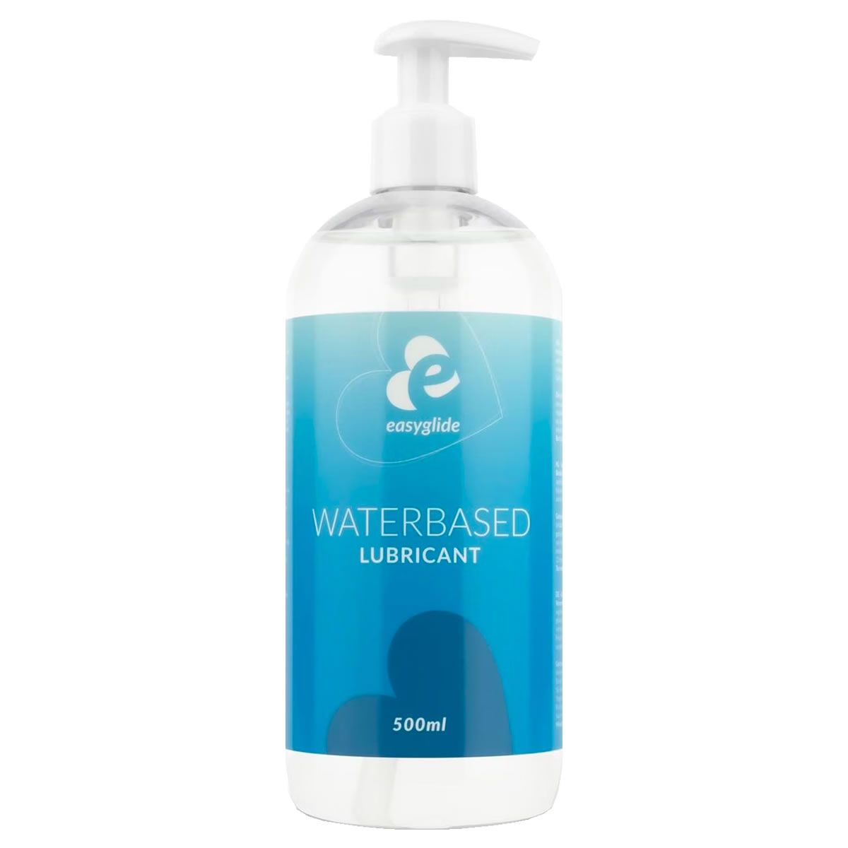 Flacon transparent avec étiquette bleue. Inscription: WATERBASED LUBRICANT. Avec pompe doseuse.