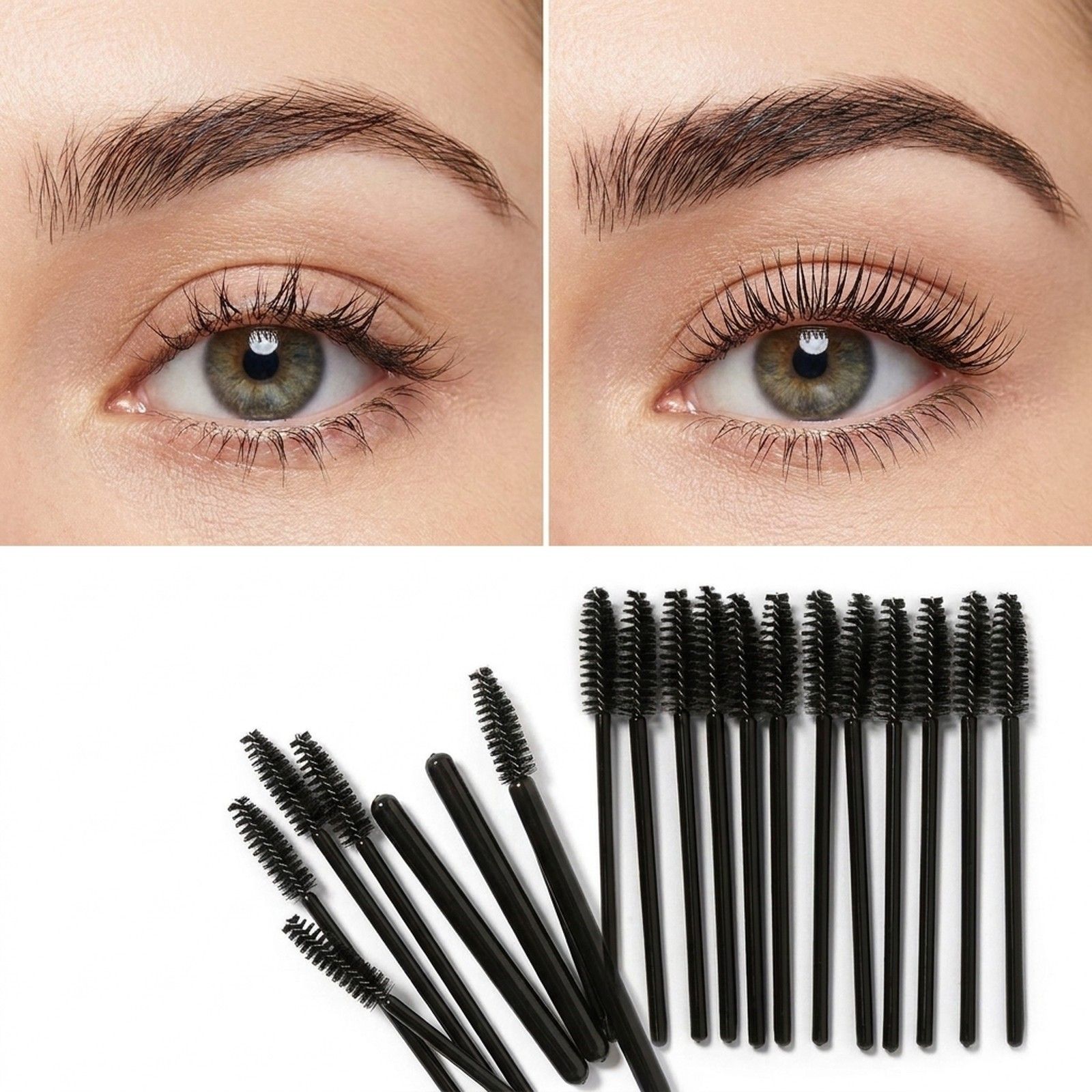 Comparaison avant-après des cils, à côté d'un groupe de brosses à cils.