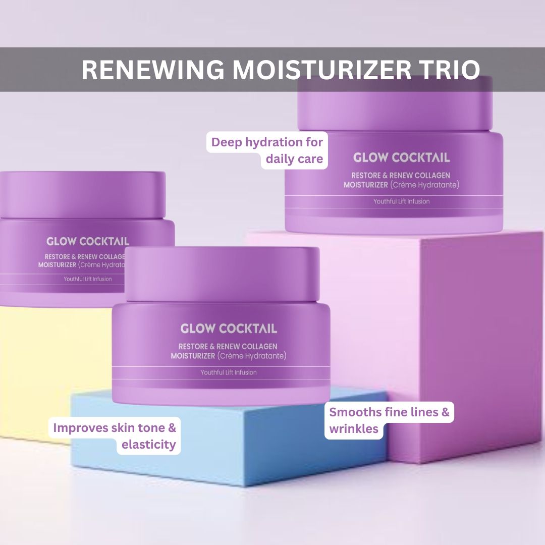 Drie paarse potten. Opschrift: Glow Cocktail, Restore & Renew Collagen Moisturizer (Crème Hydratante). Tekst: Renewing Moisturizer Trio.
