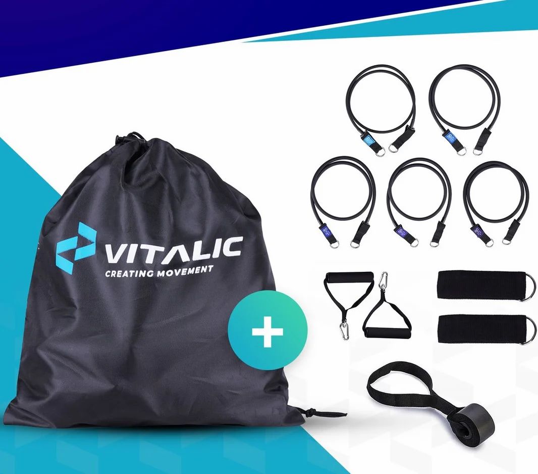 Ensemble de bandes de résistance avec accessoires et sac de transport. Logo VITALIC sur le sac.