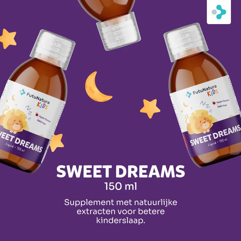 Drie flessen. Opschrift: Sweet Dreams, 150 ml. Voedingssupplement met natuurlijke extracten voor betere kinderslaap.