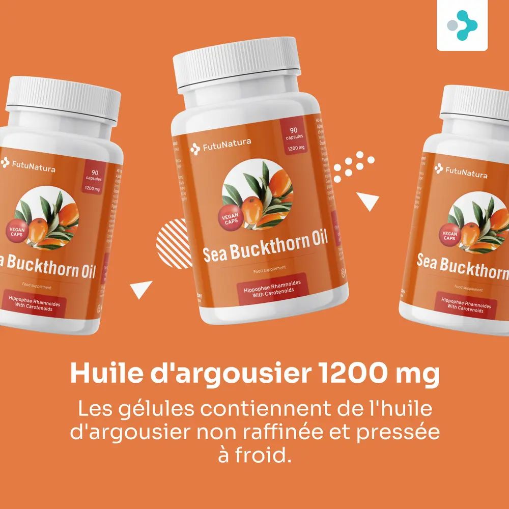 Trois flacons de gélules. Texte : Huile d'argousier 1200 mg.