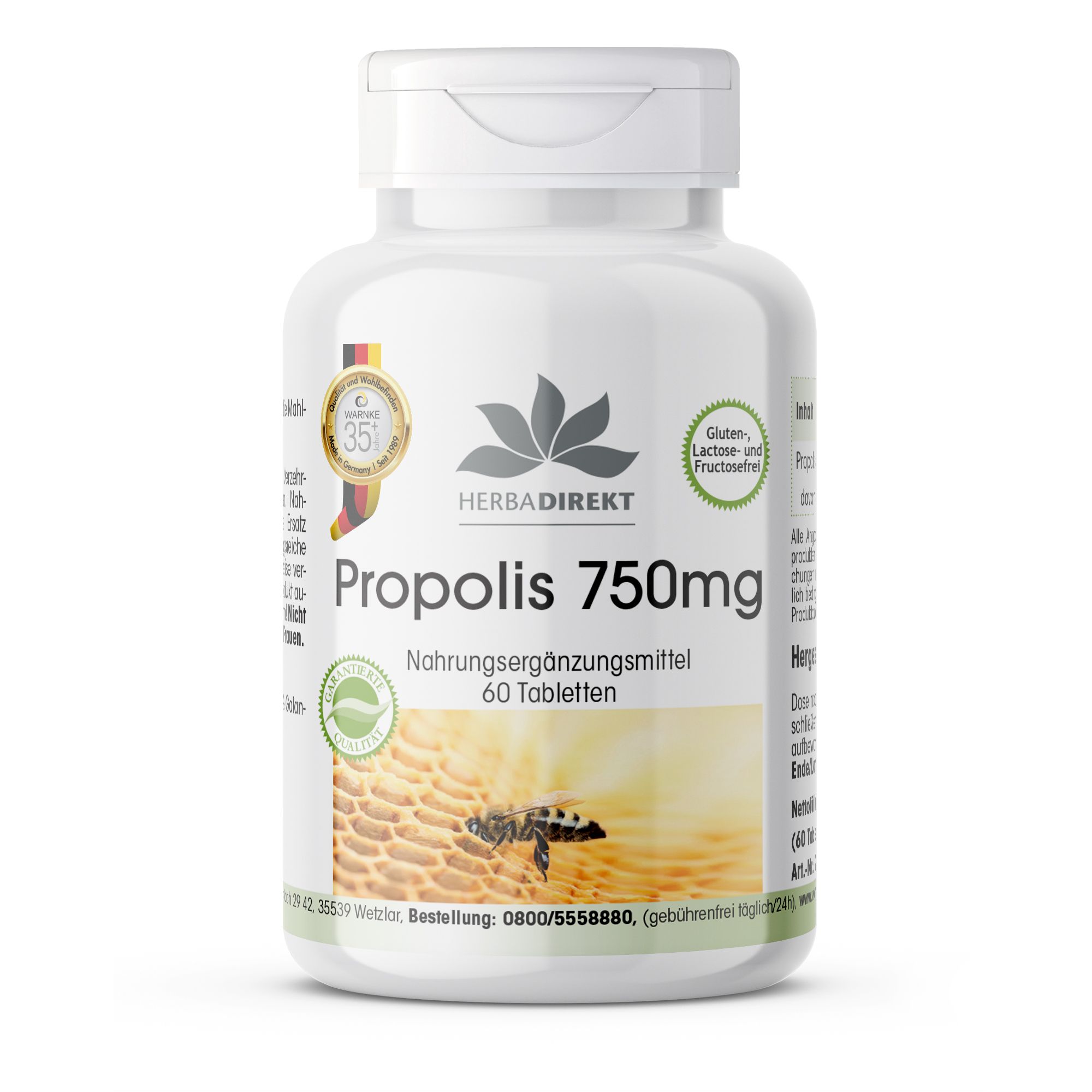 Witte tablettenfles met opschrift "Propolis 750mg". Logo en zegels. 60 tabletten. Herba Direkt. Glutenvrij, lactosevrij en fructosevrij.
