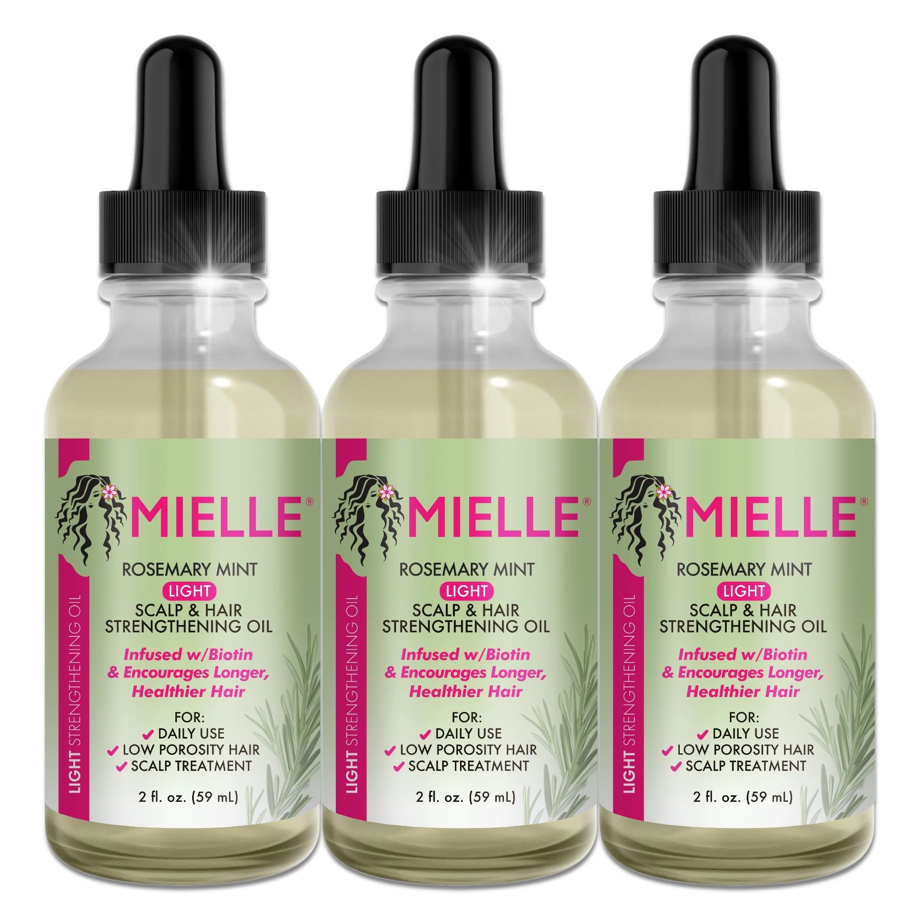 Trois flacons d'huile capillaire Mielle Organics avec pipettes. Texte: Rosemary Mint Light, Scalp & Hair Strengthening Oil.