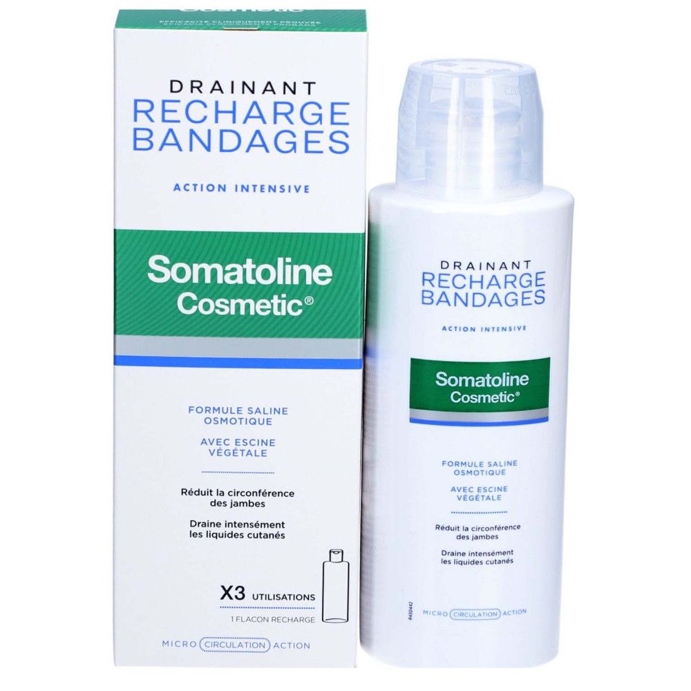 Flacon et emballage. Inscription: Somatoline Cosmetic, Drainant Recharge Bandages. Contient Formule saline osmotique.