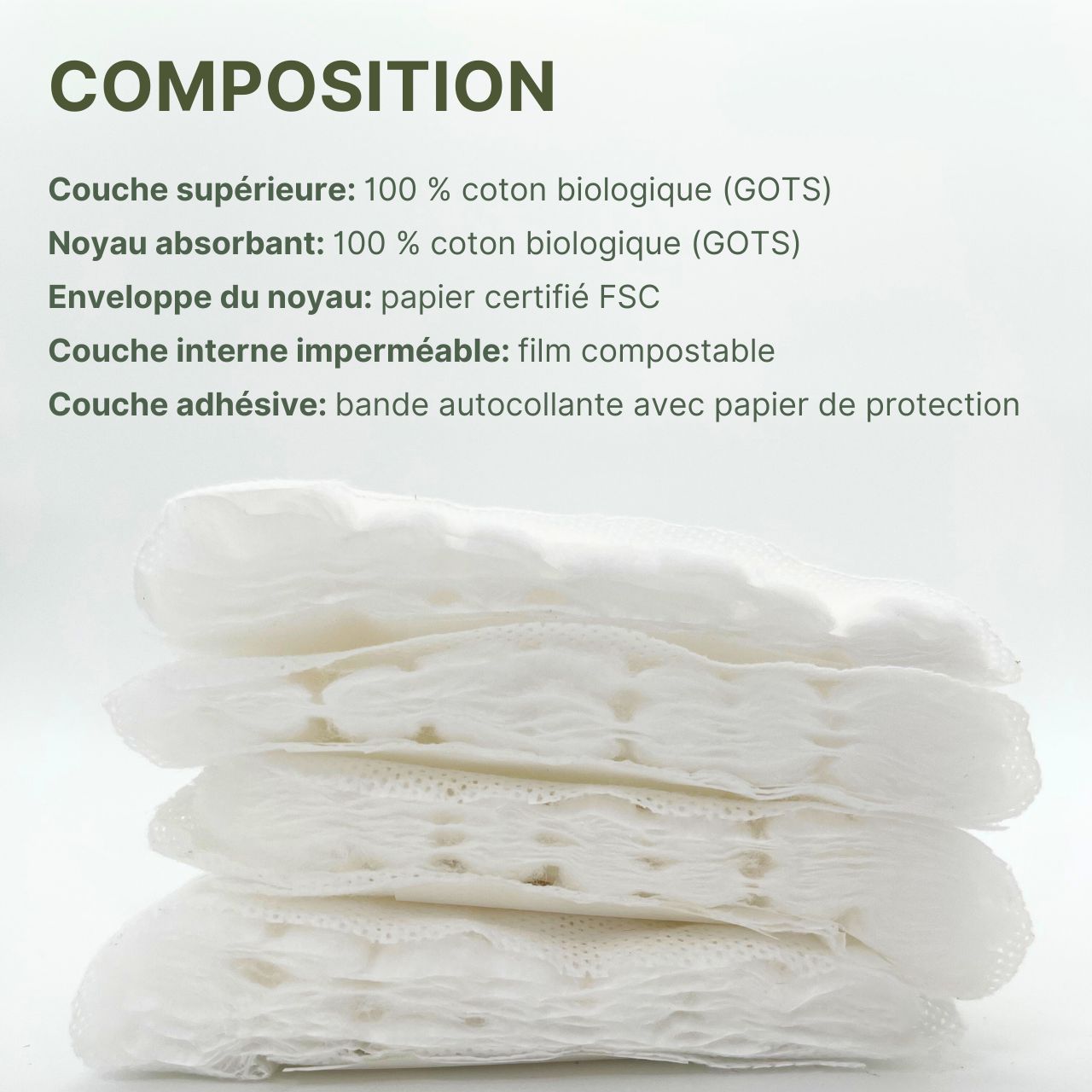 Pile de protections post-partum MyClarella®. Composition : 100 % coton bio, papier FSC, film compostable.
