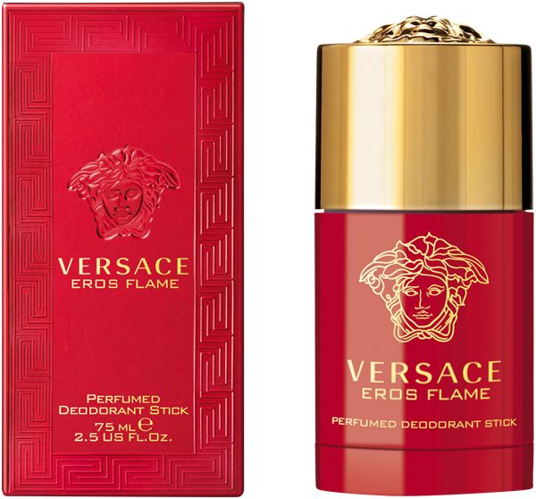 Stick déodorant rouge et emballage. Capuchon doré. Marque et nom du produit imprimés. 75 ml.