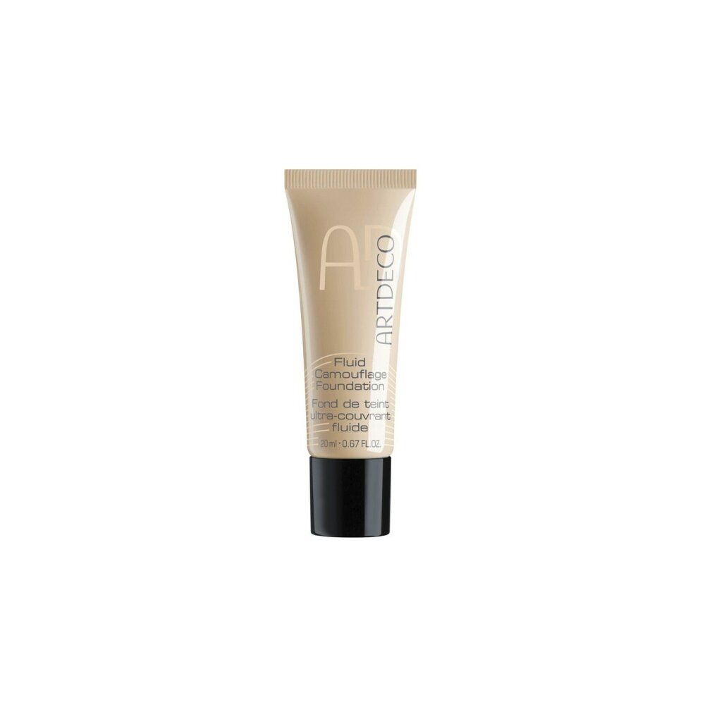 Beige tube met zwarte dop. Artdeco Fluid Camouflage Foundation. Tekst: Fond de teint ultra-couvrant fluide. 20ml - 0.67 FL.OZ.