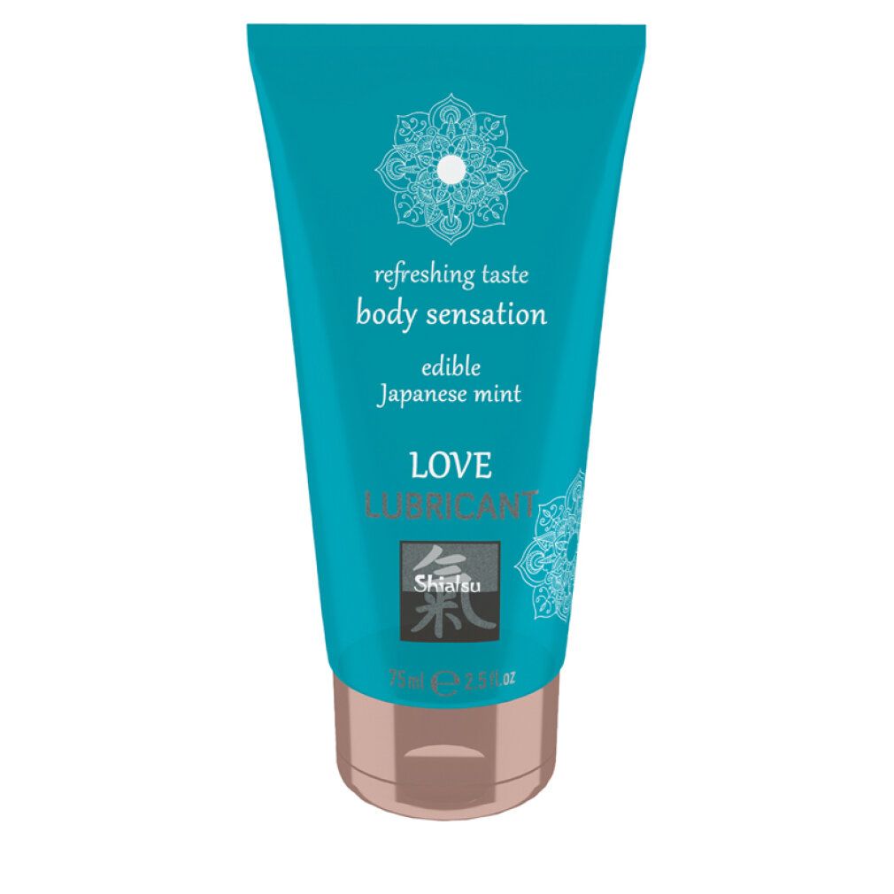 Turquoise tube met "Love Lubricant" opschrift, verfrissende smaak, Japanse munt.