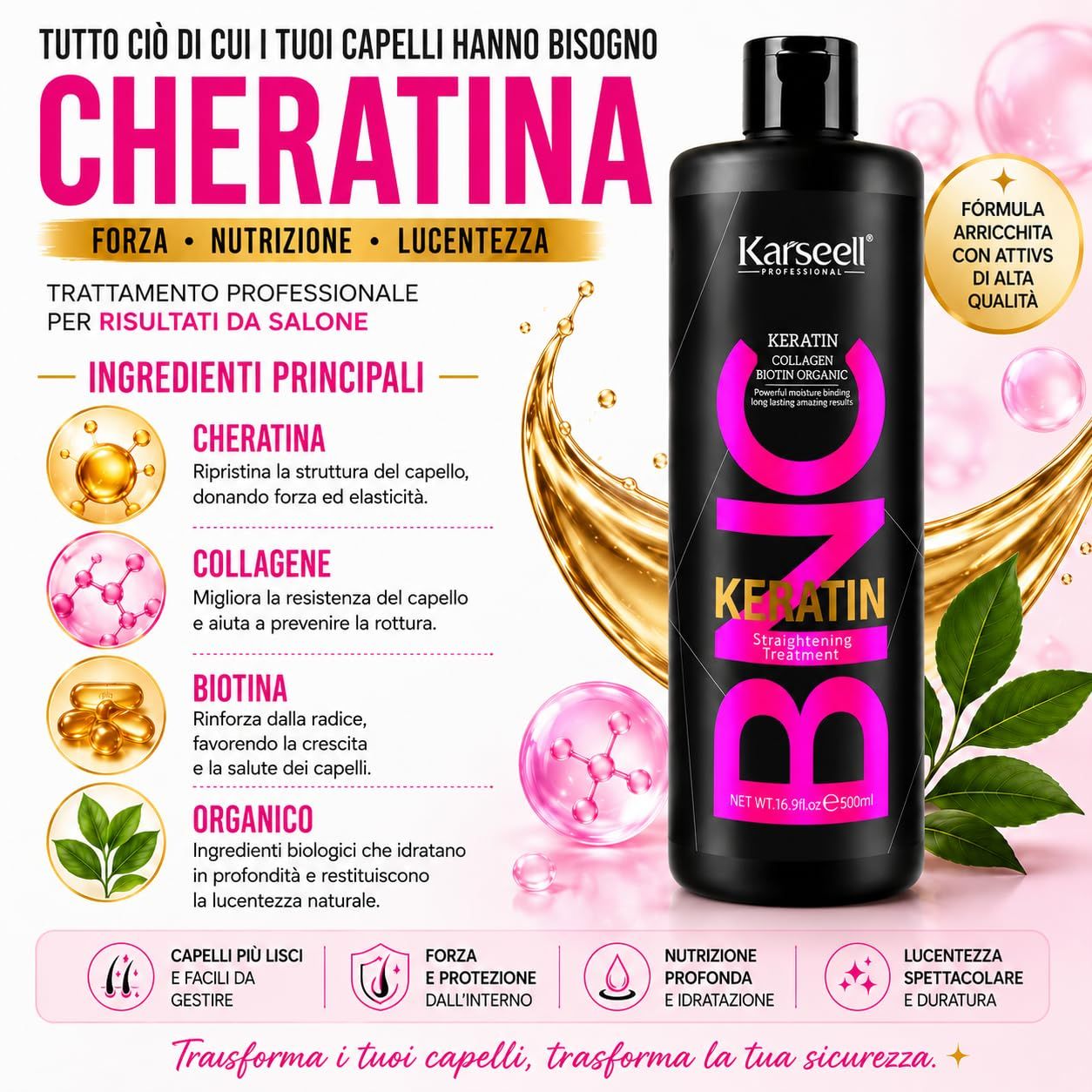 Bouteille noire Karseell avec traitement lissant pour cheveux à la kératine, collagène et biotine, 500ml.