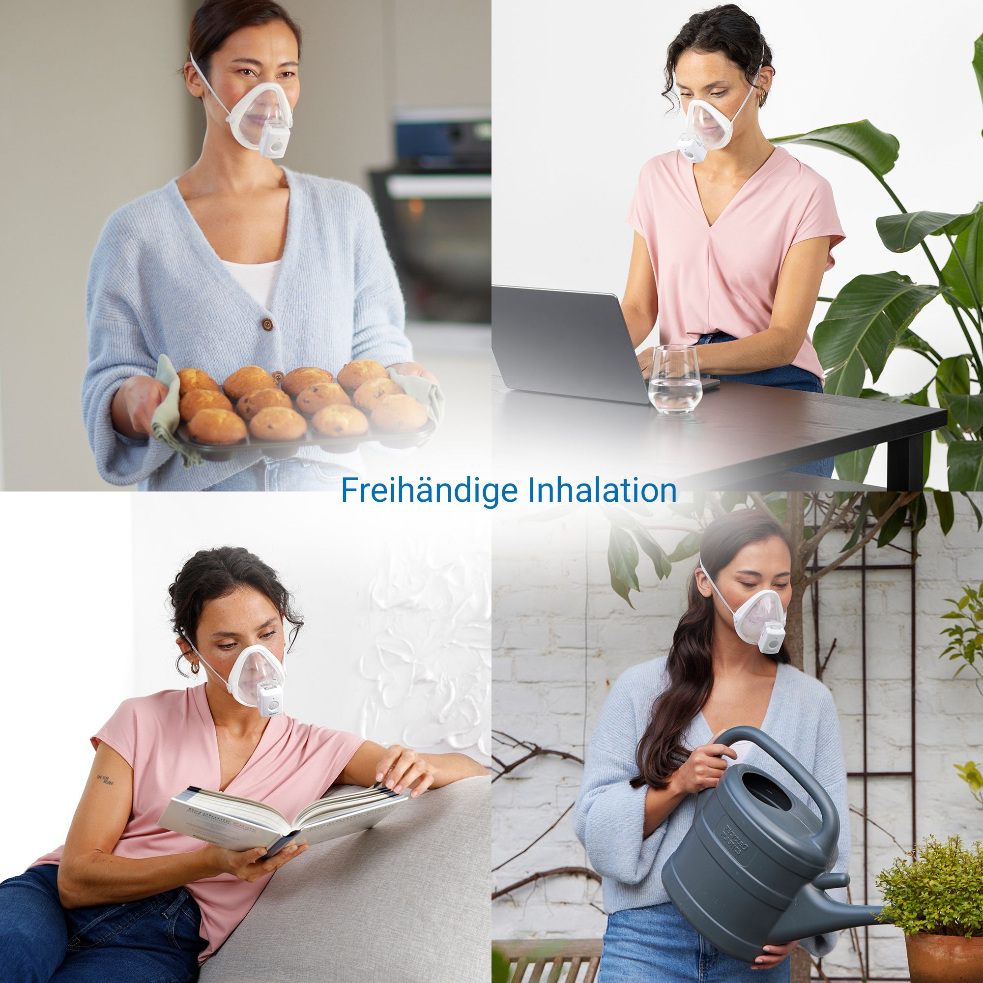 Inhalateur Medisana IN 700 : Femme à l'ordinateur, femme cuisinant, femme lisant, femme arrosant.