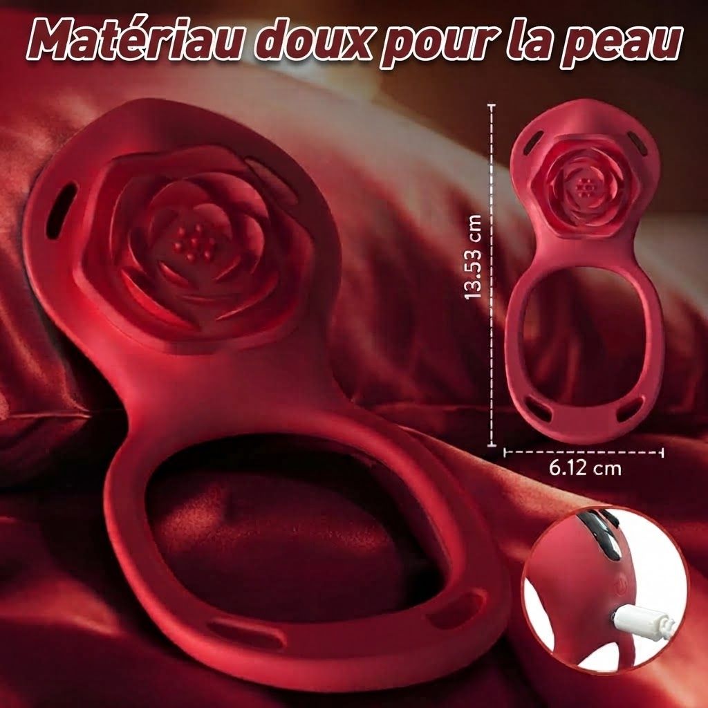 Masseur rouge en forme de rose, 13,53 cm de long, 6,12 cm de large. Texturé.