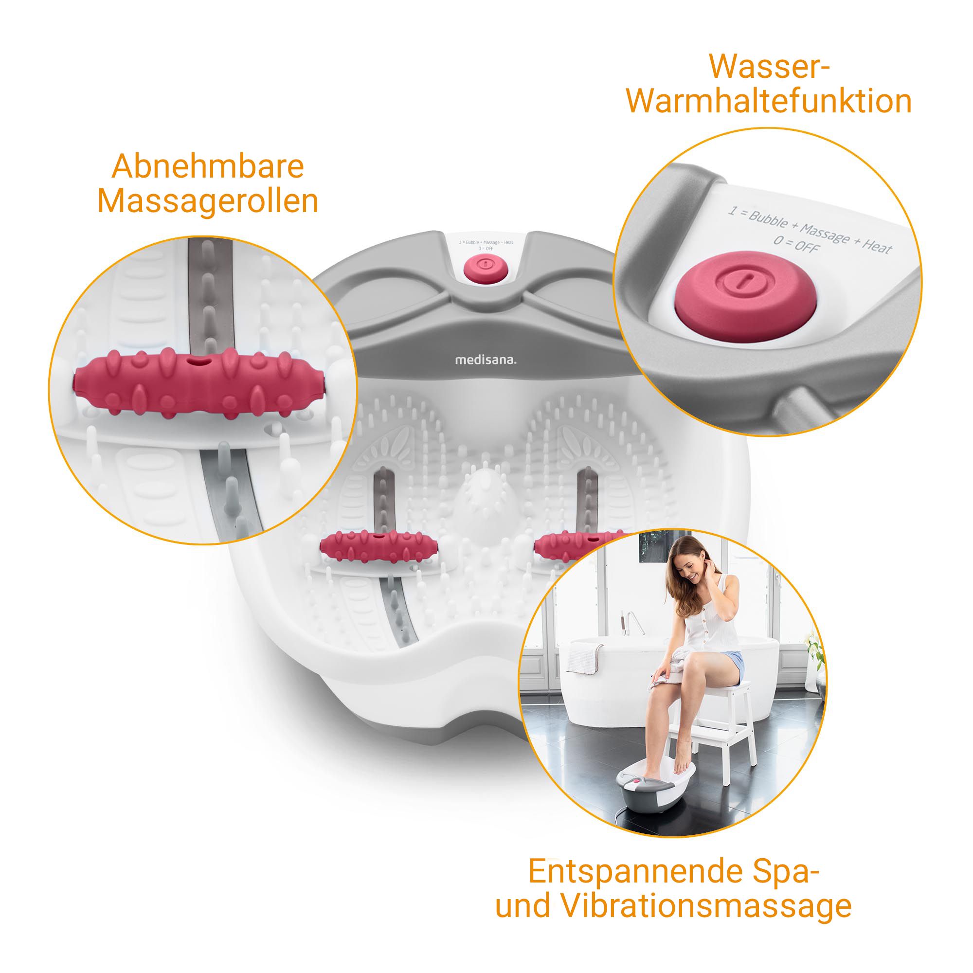 Bain de pieds Medisana : rouleaux de massage amovibles, fonction maintien au chaud, massage à bulles.