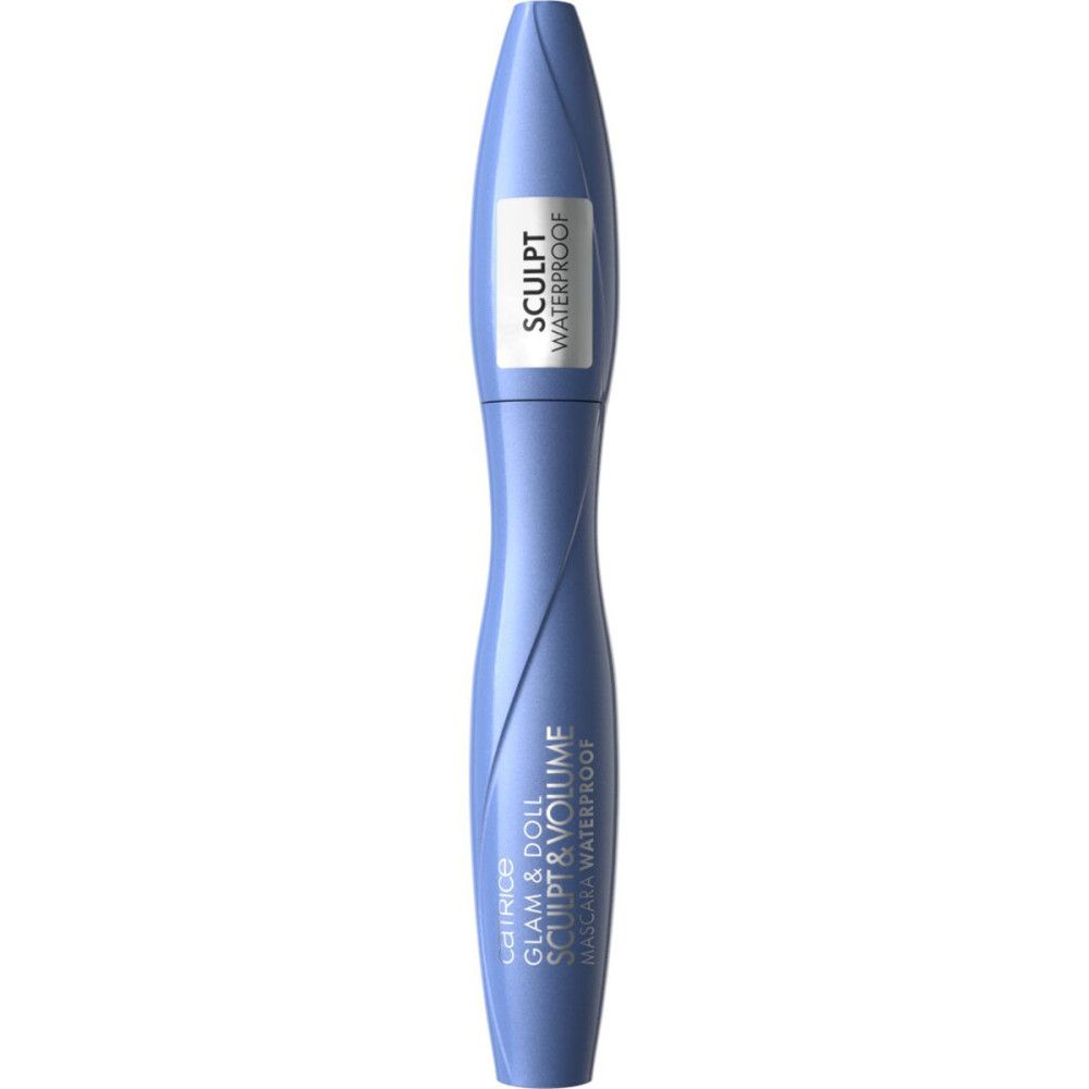 Tube de mascara bleu. Inscription: Glam & Doll Sculpt & Volume Waterproof. Écriture noire.