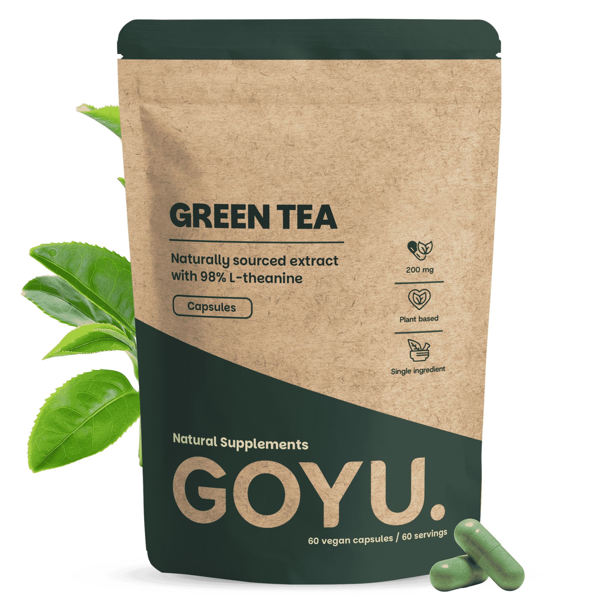 Groene thee extract capsules 500 mg (L-theanine) in bruine papieren zak. 60 vegan capsules.