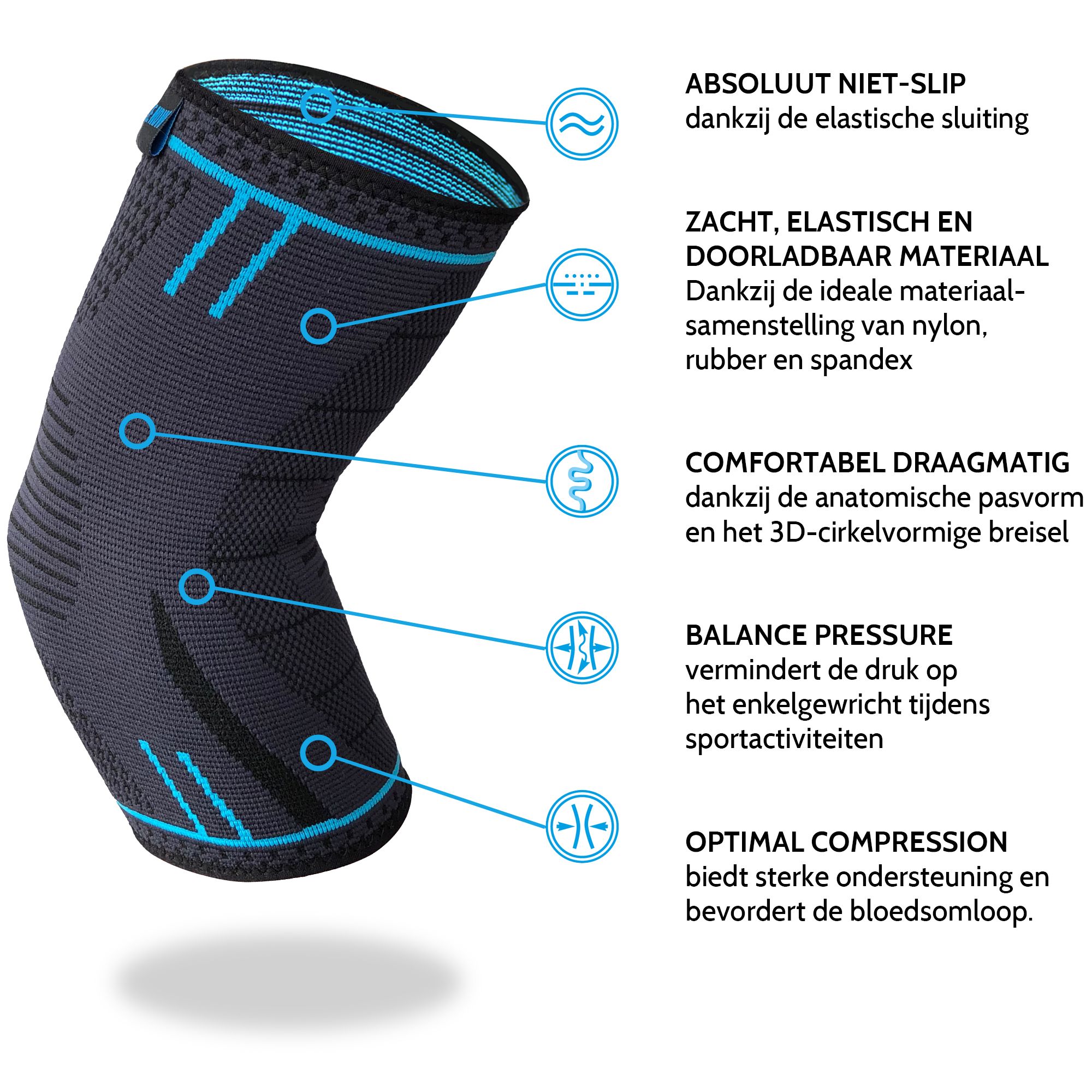 Elleboogbandage, grijs-zwart. Anatomische pasvorm. Materialen: nylon, latex, elastaan. Met tekst.