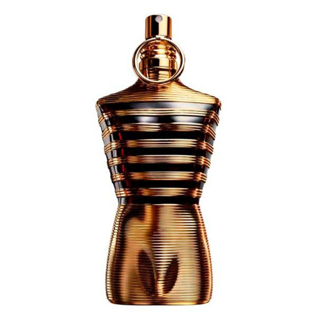 Gouden torso-vormige fles. Zwarte horizontale strepen. Gouden sproeikop met ring.