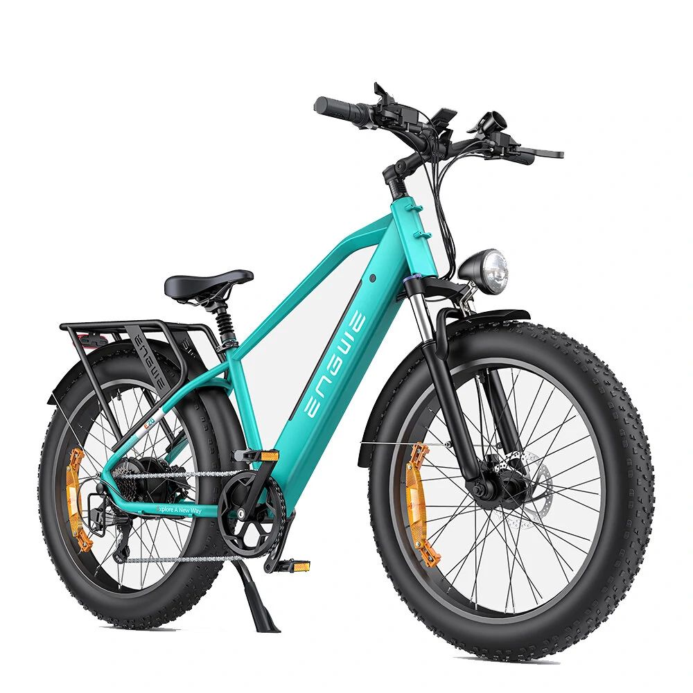 Vélo turquoise avec cadre noir. Pneus et selle noirs. Logo blanc.