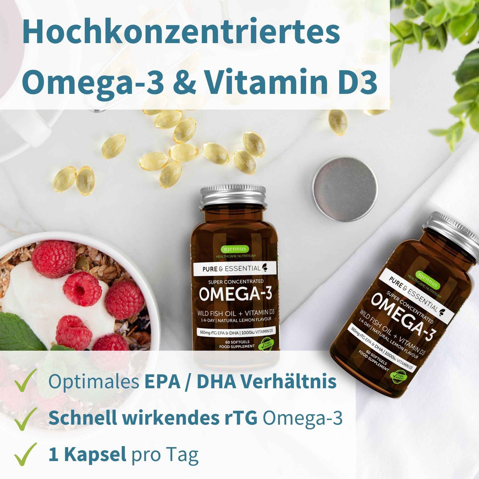 Bouteilles de capsules Oméga-3 et bol avec baies et muesli.