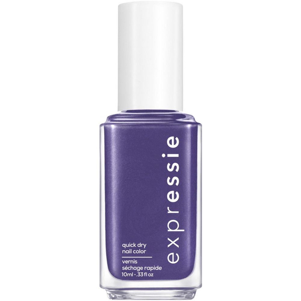 Vernis à ongles violet dans un flacon rectangulaire avec bouchon blanc. Inscription: Expressie, Quick Dry Nail Color.