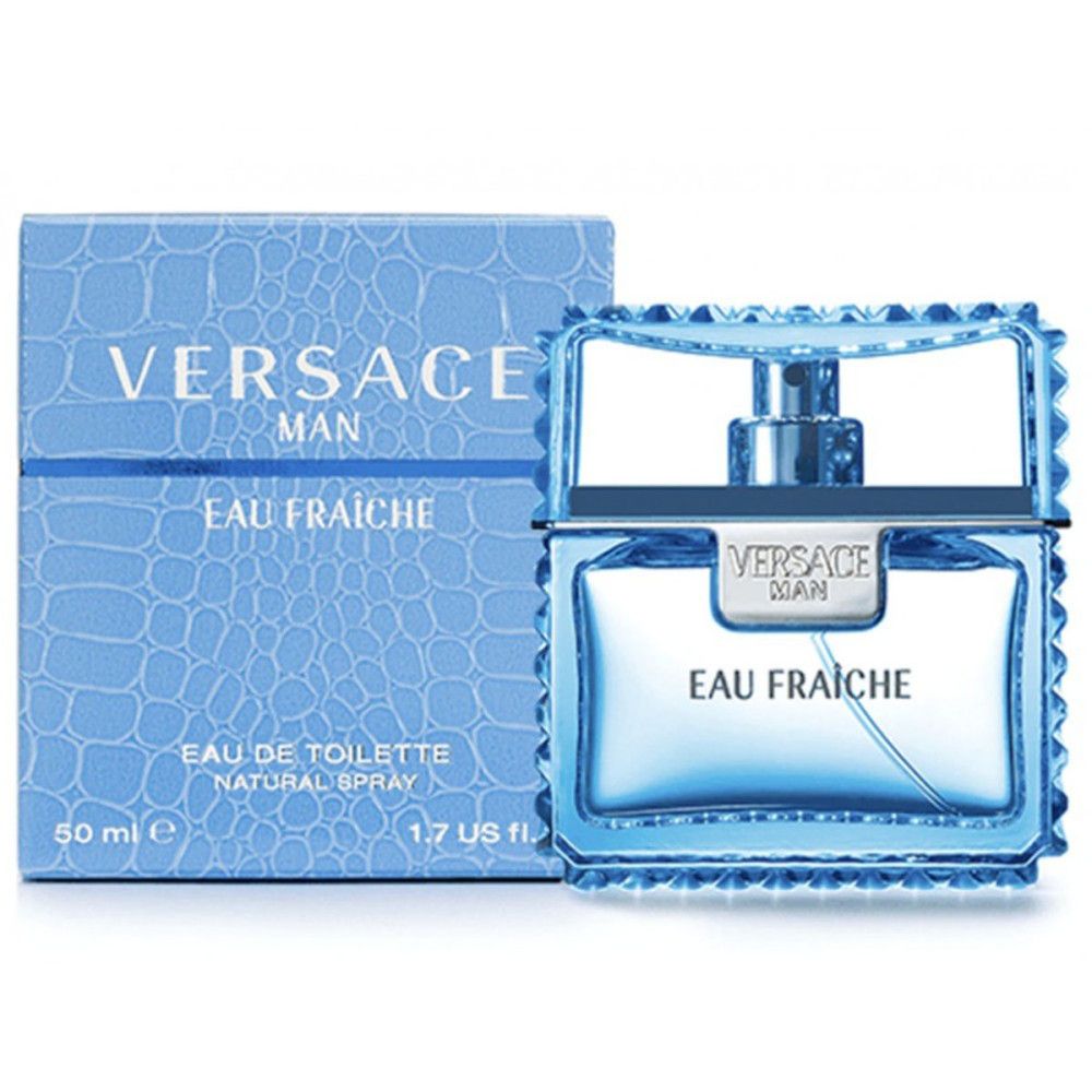 Flacon et boîte bleus. Inscription: VERSACE MAN EAU FRAICHE. 50 ml, 1.7 US fl. oz.
