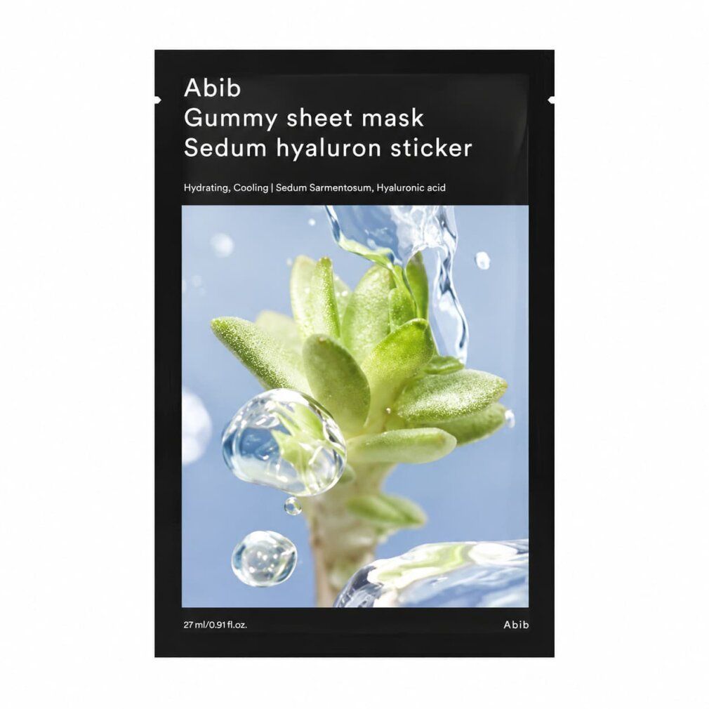 Abib Gummy Sheet Mask Sedum Hyaluron Sticker verpakking met plant en waterdruppels.