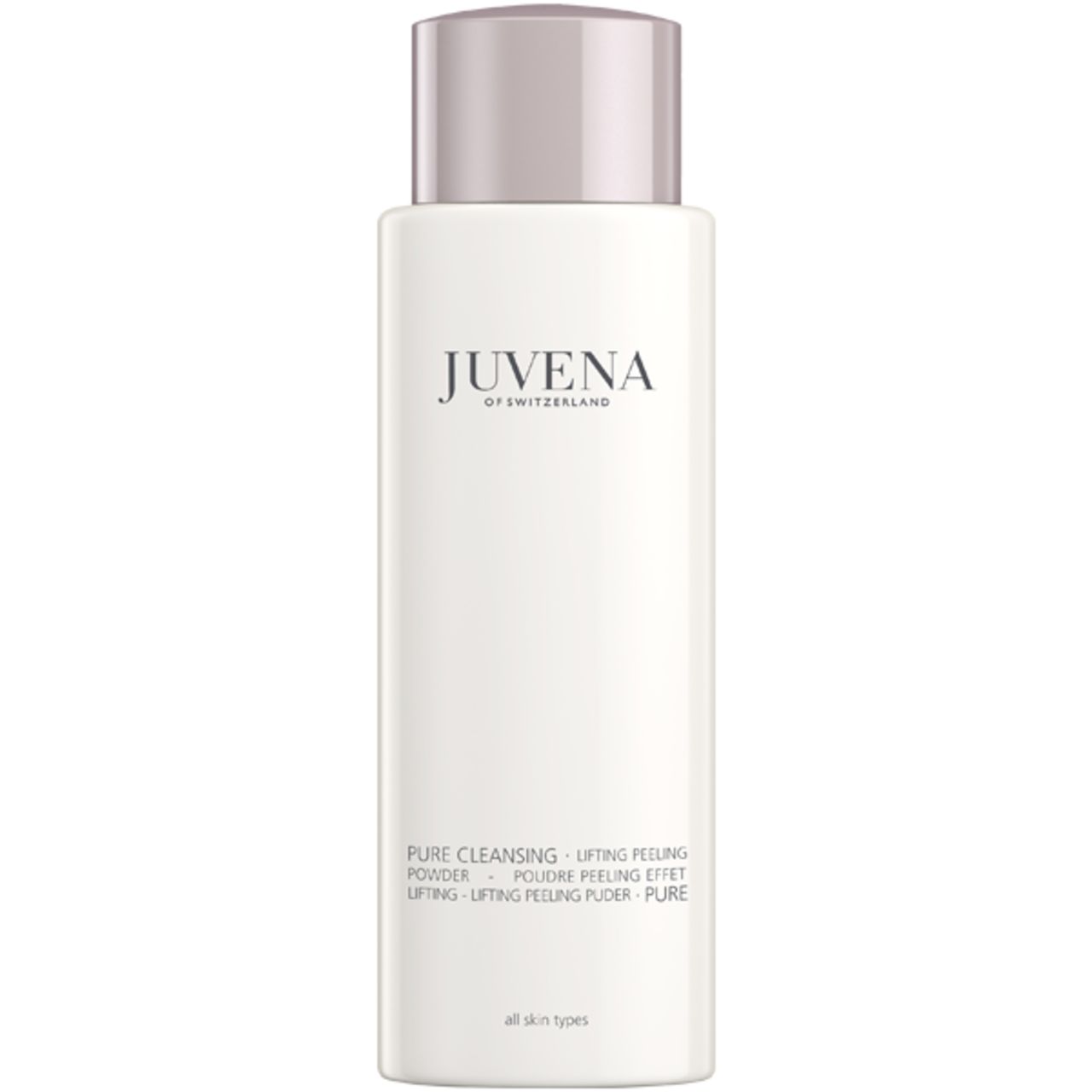 Flacon blanc, bouchon rose. Inscription: Juvena of Switzerland. Nom du produit: Pure Cleansing Lifting Peeling Powder.