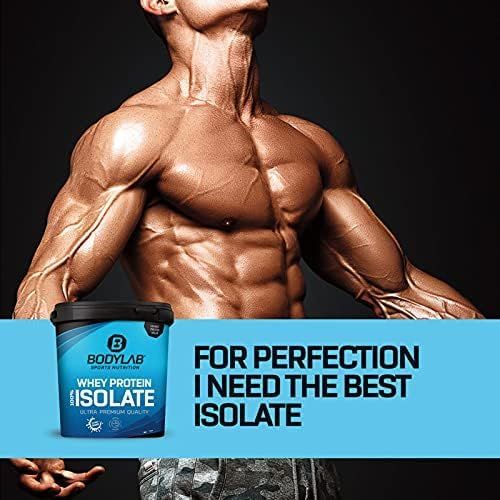 Homme musclé avec Bodylab Whey Protein Isolate. Texte : For Perfection I Need The Best Isolate.