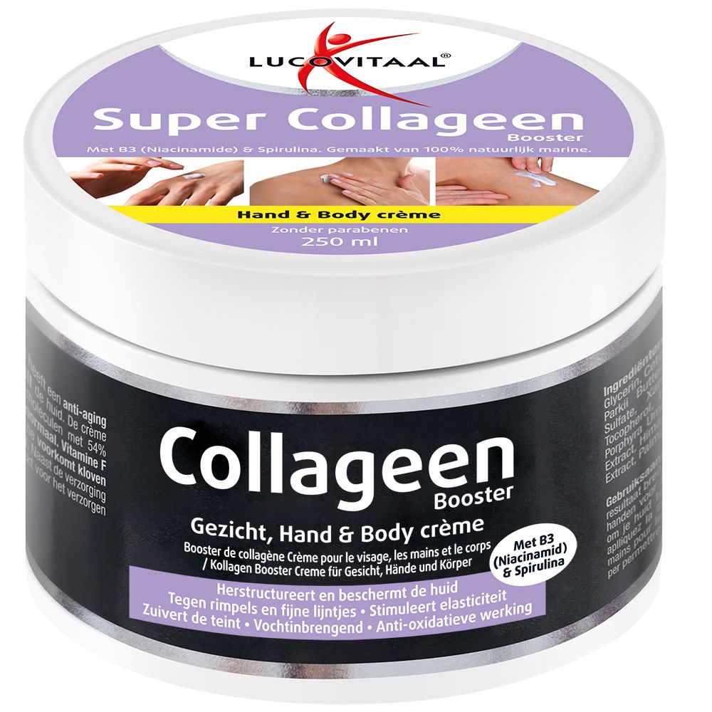 Crèmepot met 'Collageen Booster'. Witte pot met paarse deksel. Tekst: 'Hand & Body crème'.