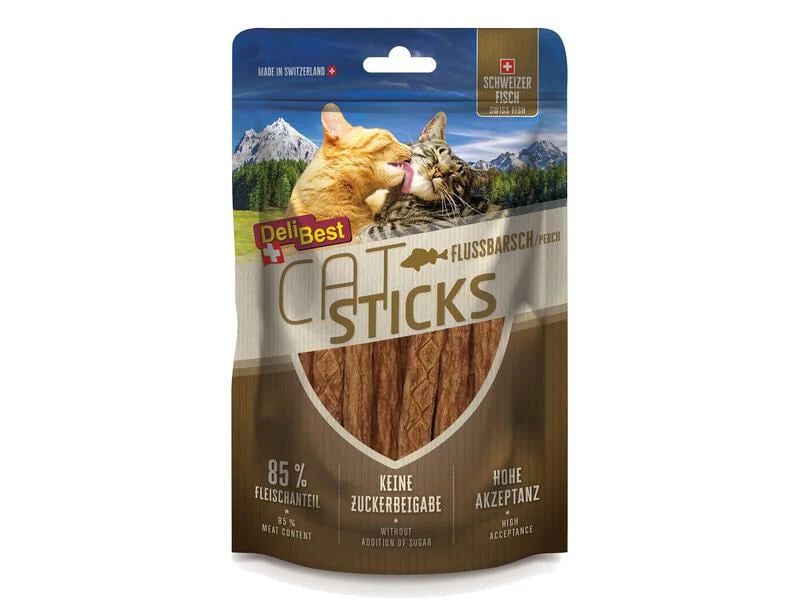 Verpakking van DeliBest Cat Sticks Flussbarsch. Bruine sticks, 85% vlees. Zonder suiker. Hoge acceptatie. Zwitserse vis.