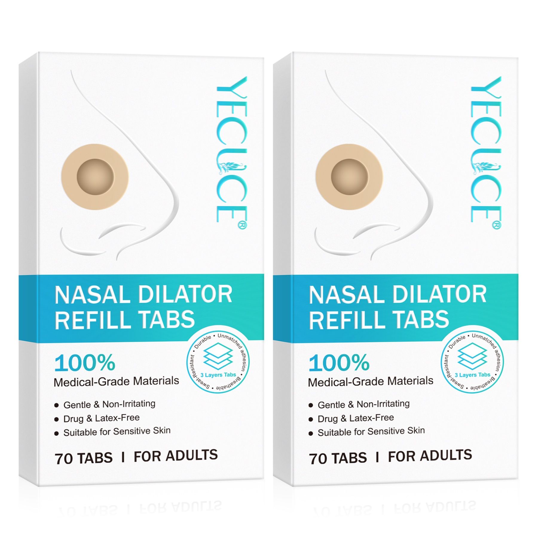 Twee witte dozen met navulling neuspleisters. Opschrift: YECUCE, Nasal Dilator Refill Tabs, 70 tabletten voor volwassenen.