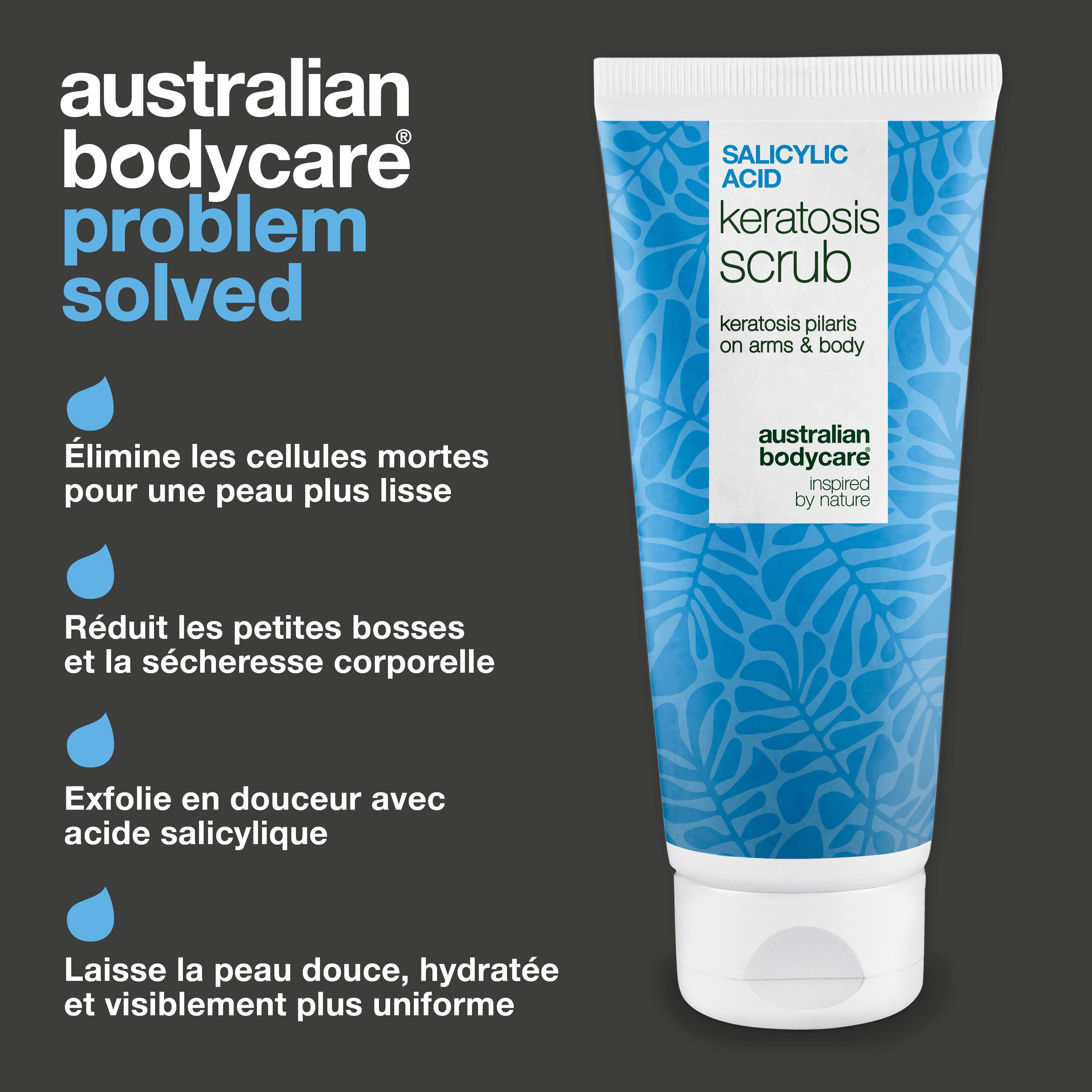 Tube de gommage et texte : élimine les cellules mortes, réduit les bosses, exfolie en douceur, laisse la peau douce.