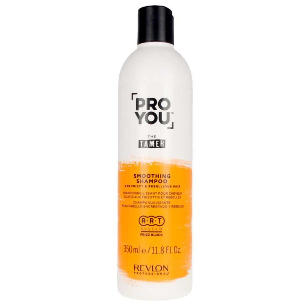 Flacon blanc à bouchon noir. Inscription: PRO YOU THE TAMER, Smoothing Shampoo. Bande orange. Revlon Professional.