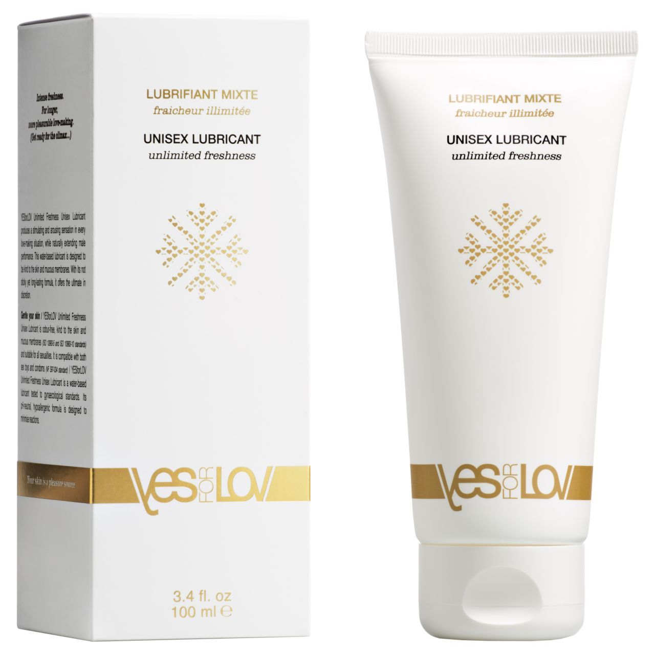 Tube et boîte pliante blancs avec inscription et motif dorés. Lubrifiant unisexe.
