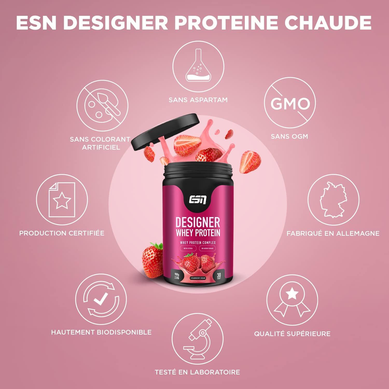 ESN Designer Whey Protein entouré d'icônes : Sans Aspartam, Sans OGM, Fabriqué en Allemagne, Testé en laboratoire, Qualité supérieure.