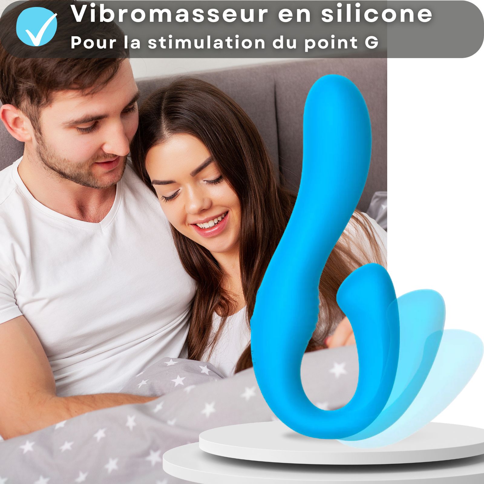 Vibrateur bleu avec texte. Silicone, pour la stimulation du point G.