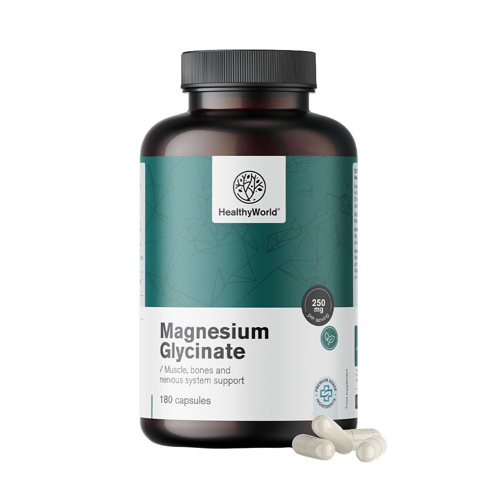 Flacon marron avec capsules blanches. Inscription: Magnesium Glycinate 250 mg. Marque: HealthyWorld. 180 gélules.
