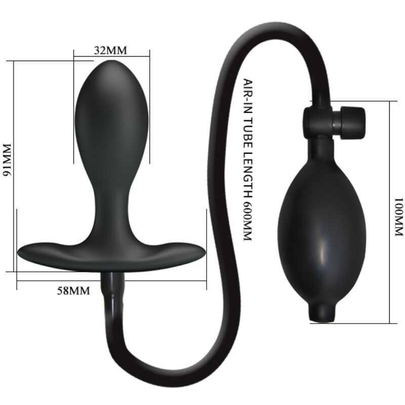Zwarte opblaasbare anale plug met pomp en slang, geïsoleerd op witte achtergrond.