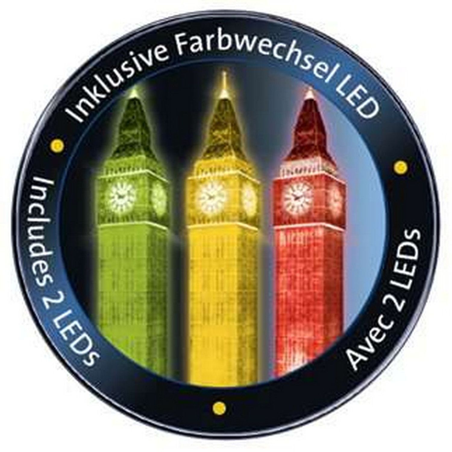 Cirkelvormige afbeelding met drie Big Ben torens in verschillende kleuren. Tekst: Inclusief kleurwisselende LED, Includes 2 LEDs, Avec 2 LEDs.