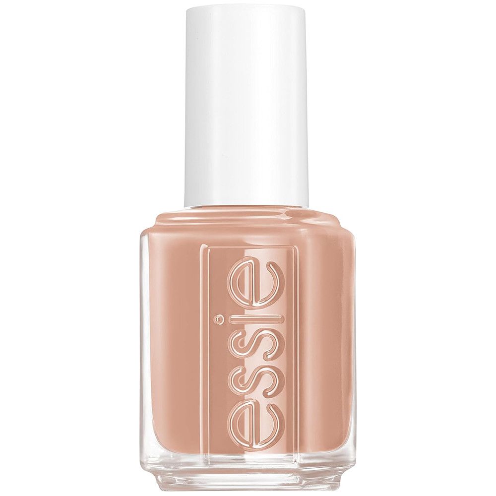 Flesje nagellak met lichtbruine lak en witte dop. Op de fles staat 'essie'.