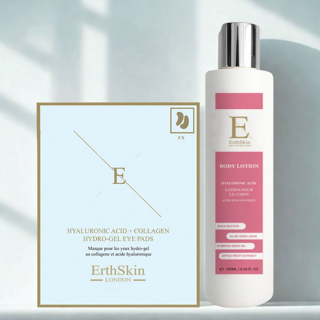 Bodylotion en oogpads. Witte fles met roze accenten. Oogpadverpakking met tekst. ErthSkin London logo zichtbaar.