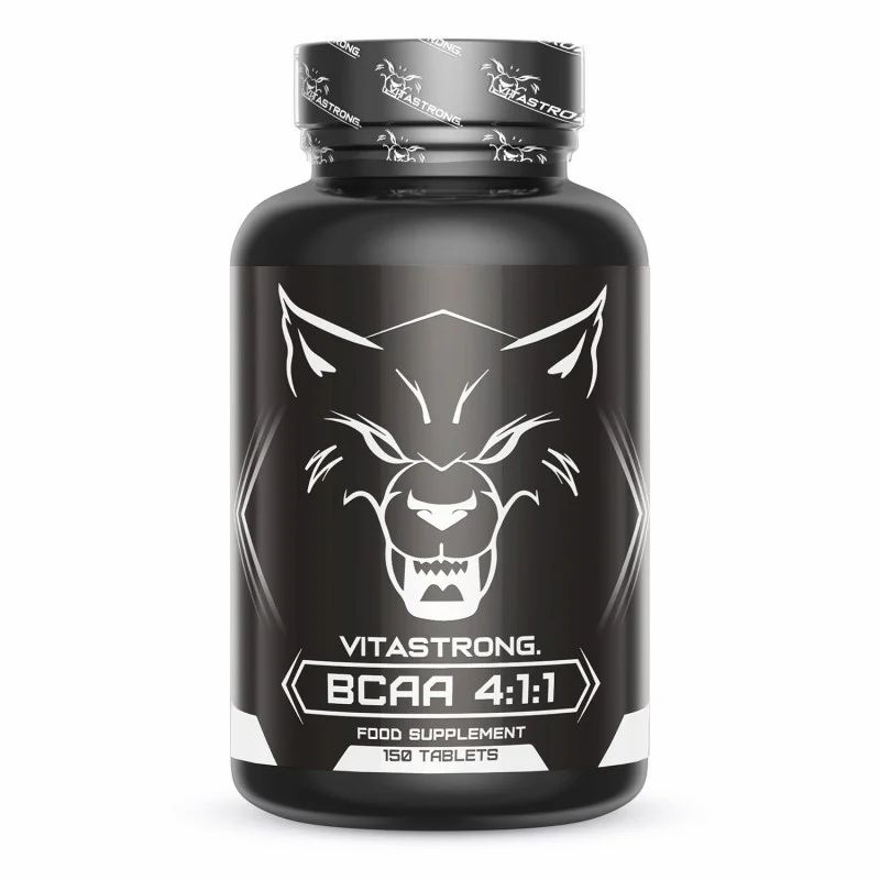 Zwarte fles Vitastrong BCAA 4:1:1, 150 tabletten. Wolf logo en productinformatie.
