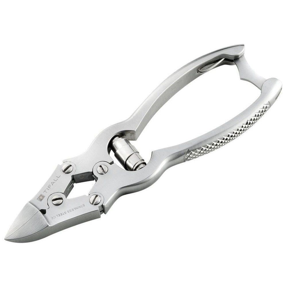 Metalen nagelknipper. Handgrepen met textuur. Merk Tifall zichtbaar. Scherpe snijkanten.