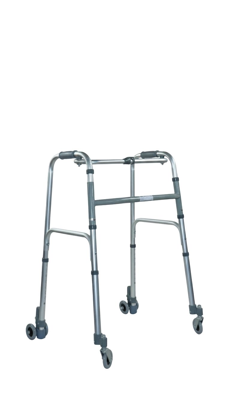 Rollator van aluminium met vier wielen. Dubbele achterwielen, zwenkbare voorwielen. Grijze handgrepen en wielen.