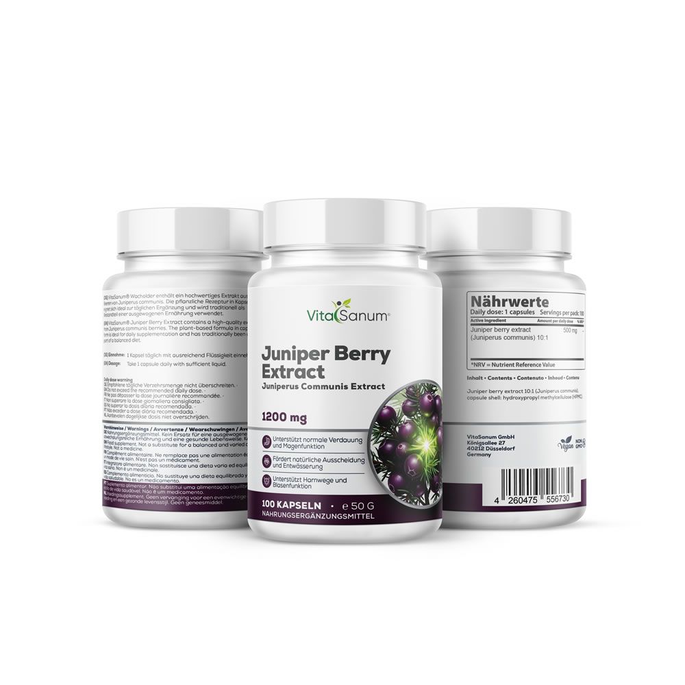 Drie flessen met capsules. Opschrift: VitaSanum, Juniper Berry Extract, 1200 mg. Illustratie van jeneverbessen. 100 capsules. Achterkant met voedingswaarde.