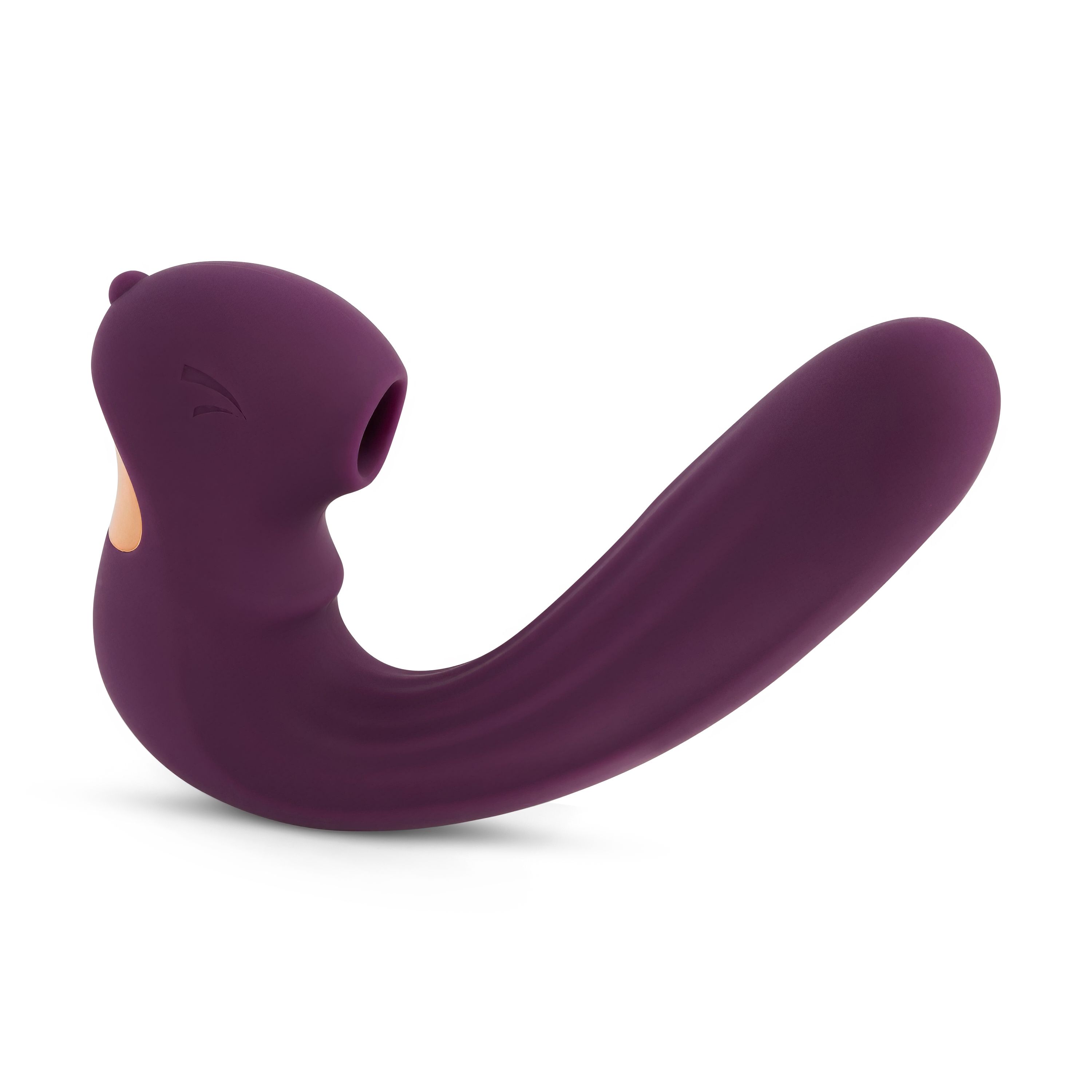 Paarse vibrator met gebogen vorm en geribbelde oppervlakte. Gouden accenten. Op witte achtergrond.