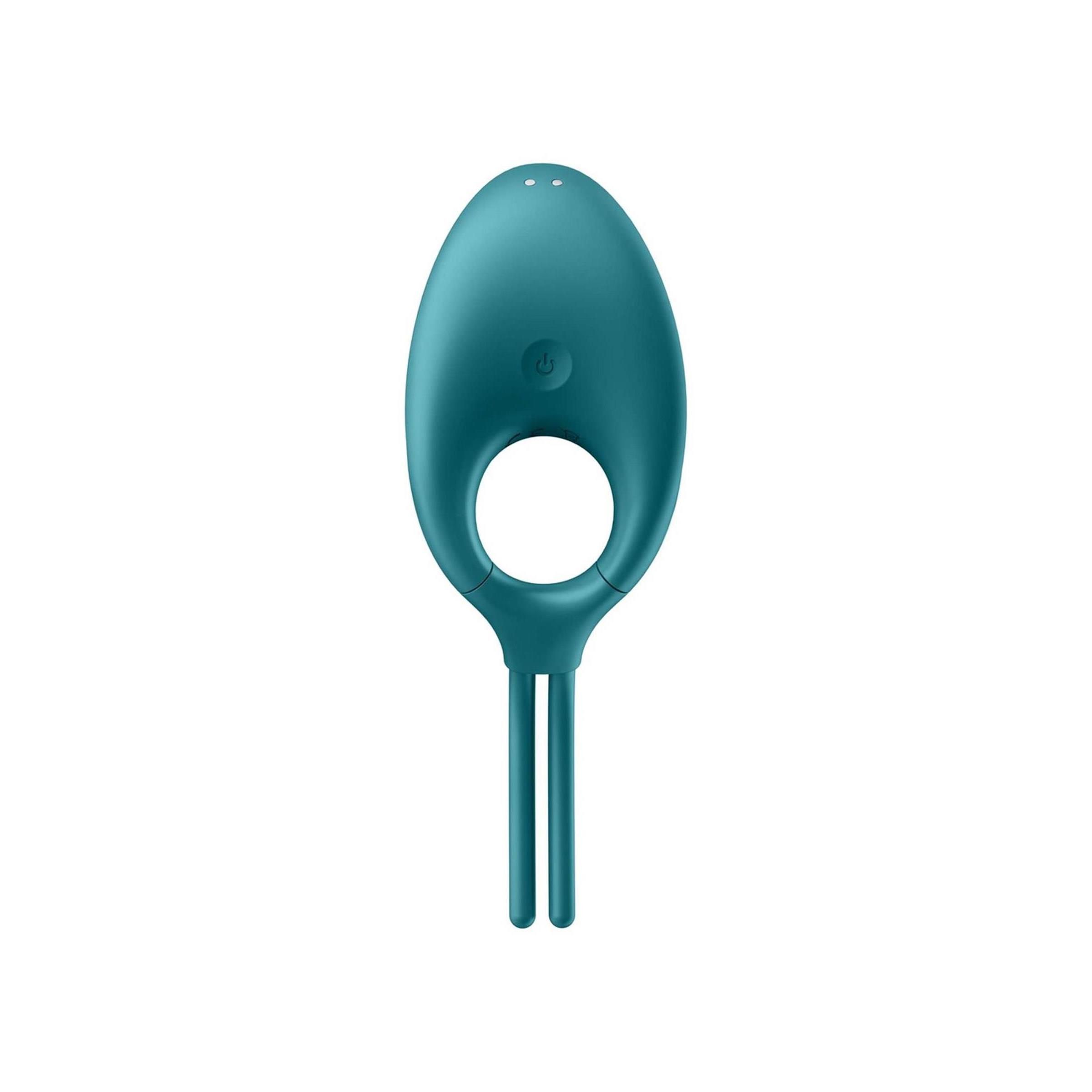 Turquoise ringvibrator met ovale kop en twee staven. Met aan/uit-knop.