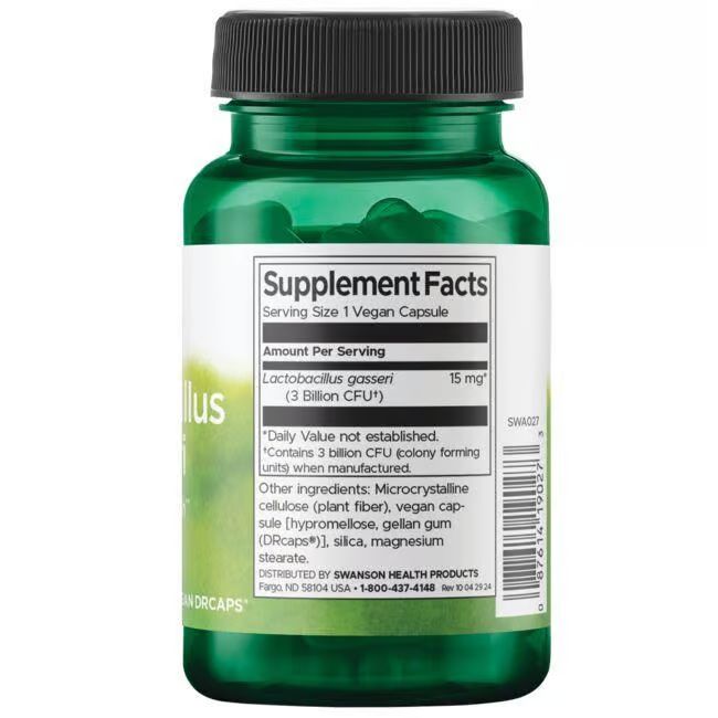 Arrière d'une bouteille de Swanson Lactobacillus Gasseri avec informations nutritionnelles.